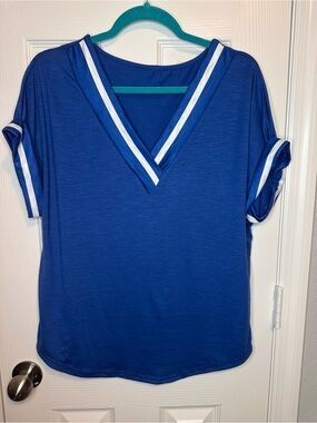 SHEIN Royal Blue V-Neck Short Sleeve Top with White Trim